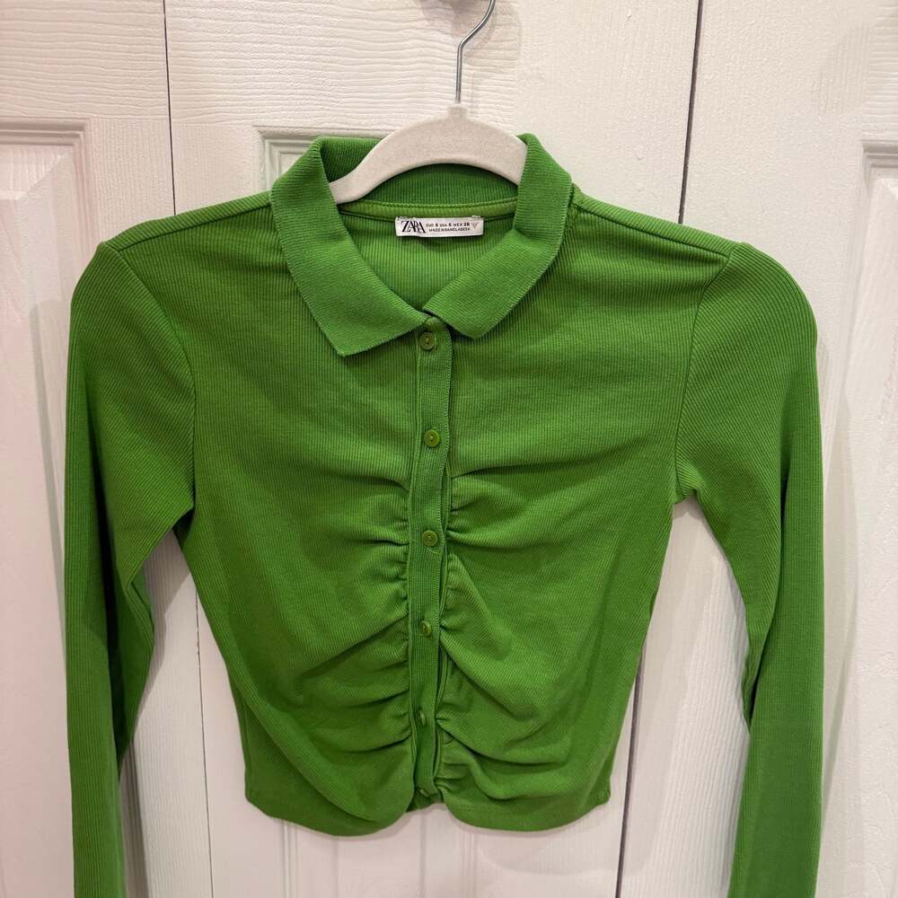 Zara Green Ribbed Ruched Polo Top